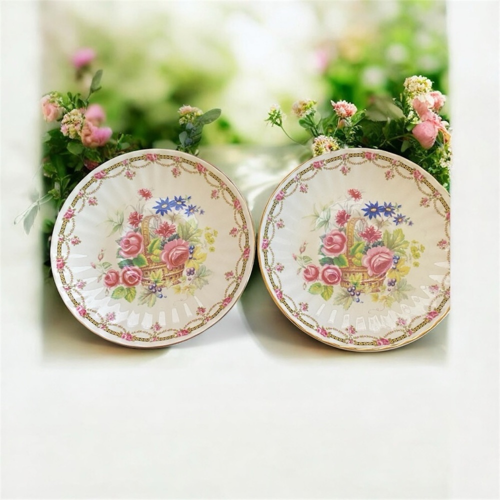 2 Vintage Duchess London Collection Floral Swag Basket Bone China Saucer Plates